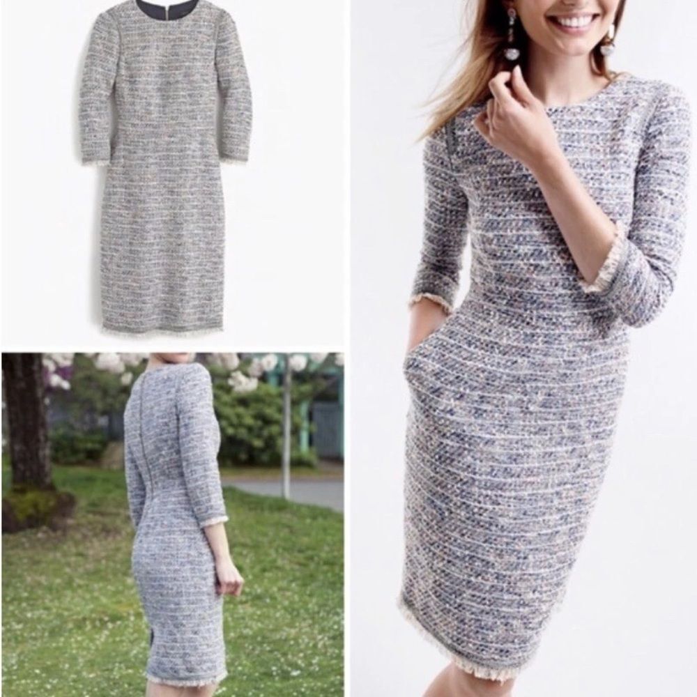 J. Crew Multicolor Tweed Fringe Dress 3/4 Sleeve Size 0 E7633